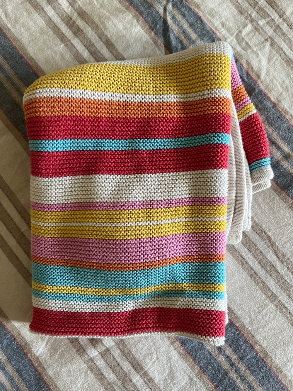 Pottery Barn Kids Cotton Knit Baby Blanket Multi Color Stripe Stroller Throw